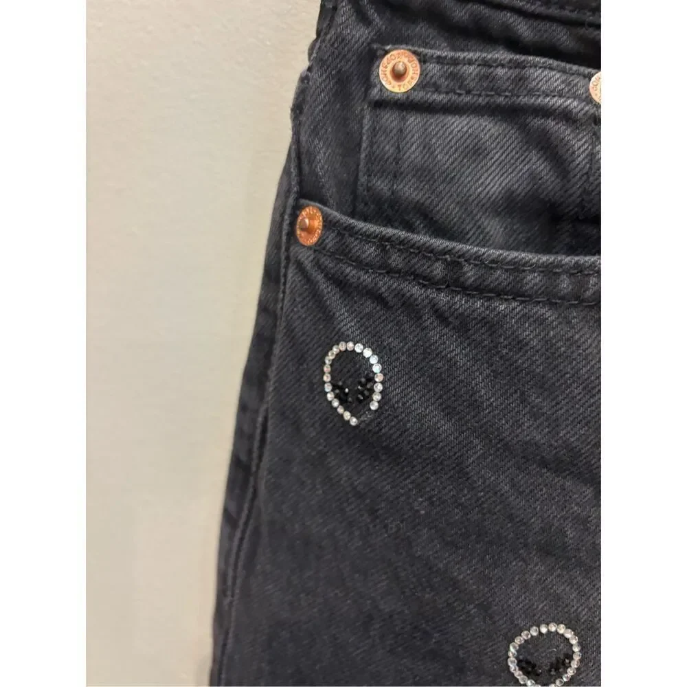 TopShop 26/30 Black alien sequined appliqué high rise cropped mom jeans